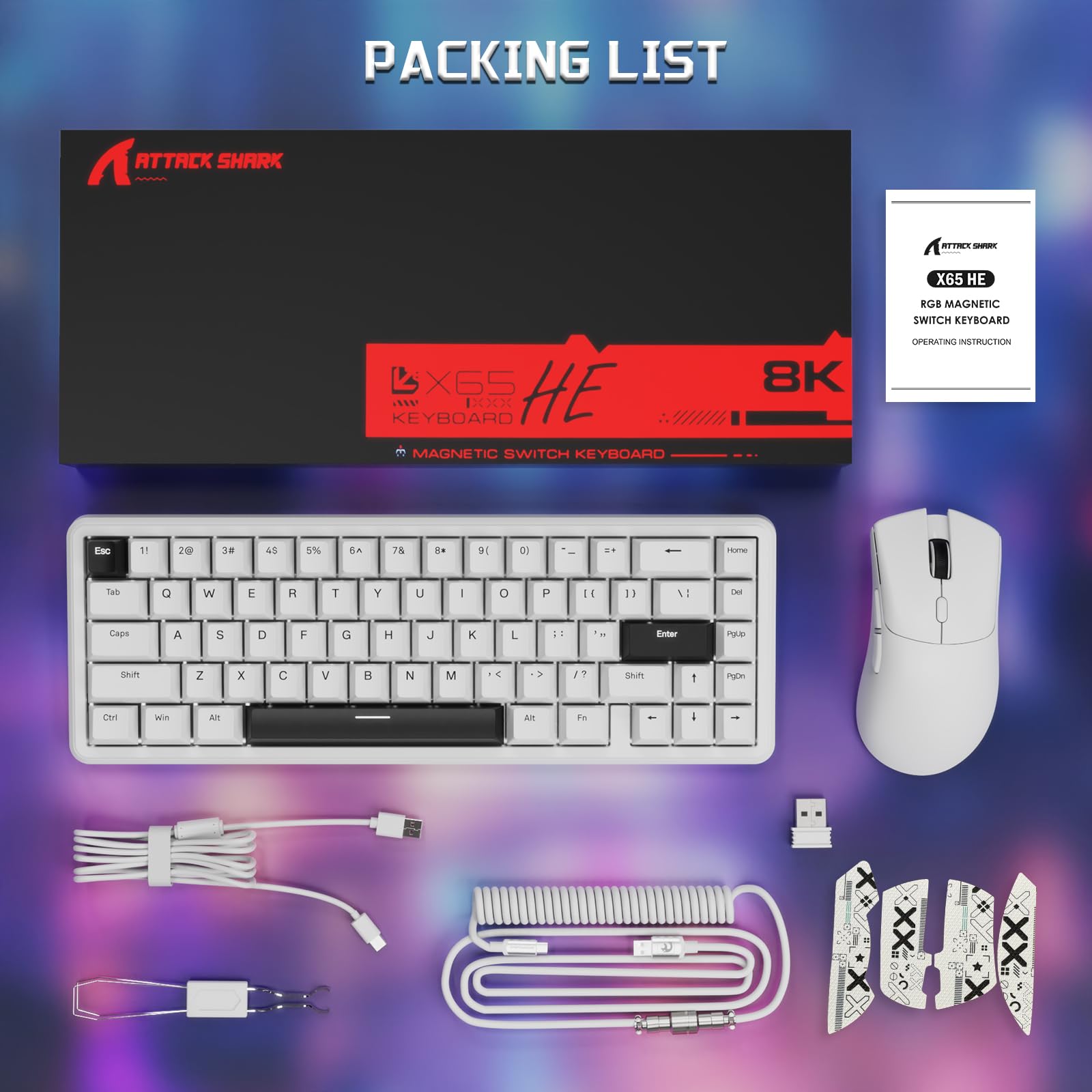 MAMBASNAKE x ATTACK SHARK Clavier Et Souris De Jeu Filaires, 59g Souris Sans Fil Superlight PAW3311, Mini Clavier Magnétique à Déclenchement Rapide 65% Avec Câble Spiralé 8Khz, QWERTY Pour PC -Blanc