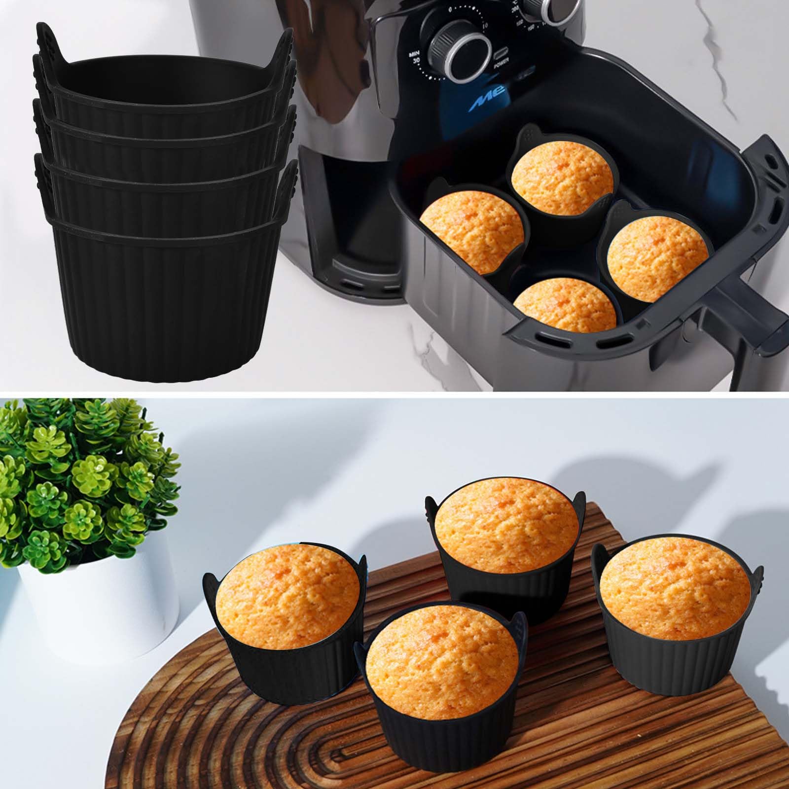 4 Stampi In Silicone Per Friggitrice Ad Aria + 2 Mini Guanti Da Forno Antiscivolo – Set Antiaderente Per Muffin E Dolci, Nero/Rosa