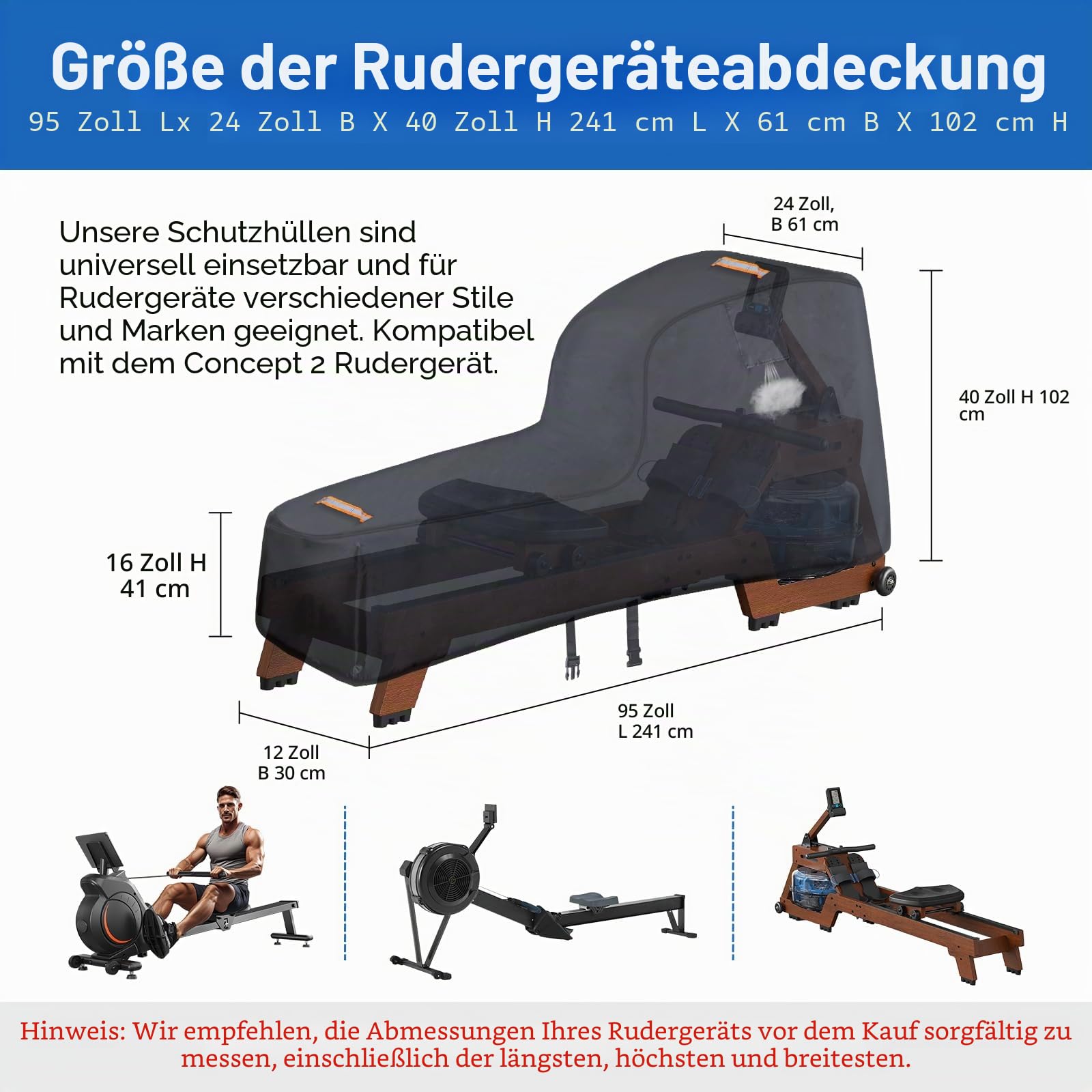 Rudergerät Abdeckung für Concept 2, robuste 420D Abdeckung, Outdoor-Schutzhülle für Fitnessgeräte, mit Wasserdichtem Streifen und Winddichter Schnalle, 2 Griffe, Zubehör für Concept Rudergerät