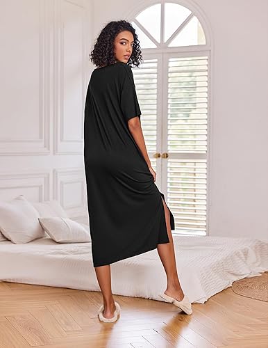 Miniatura 5 de Ekouaer Camisón largo para mujer, ropa de dormir de manga corta, talla grande, con bolsillos, M-XXXL