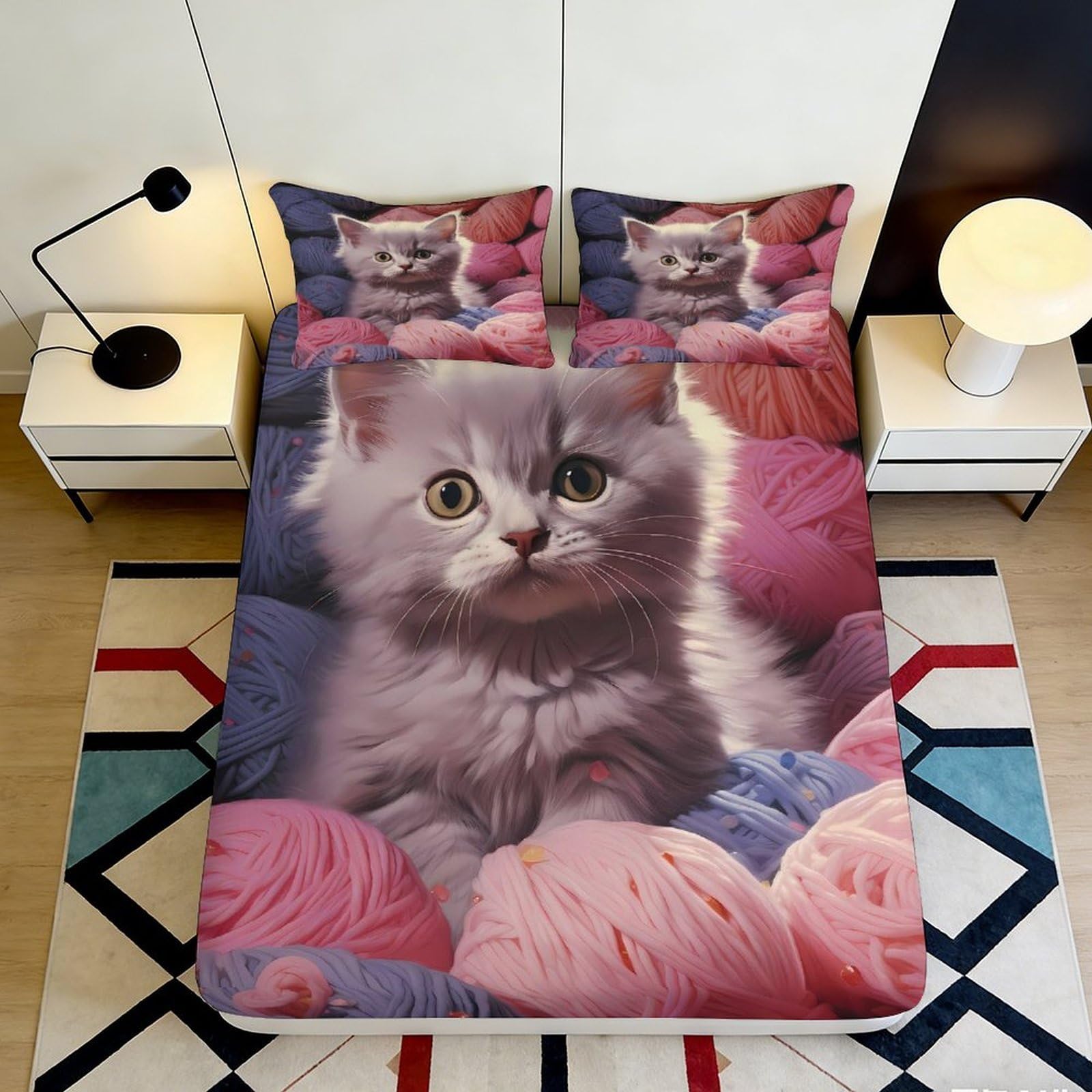 3D Printed Grey Kitten Fitted Sheet Microfiber Cute Pink Yarn Bed Cover for Bedroom Guest Room Easy Care 90x200x25cm
