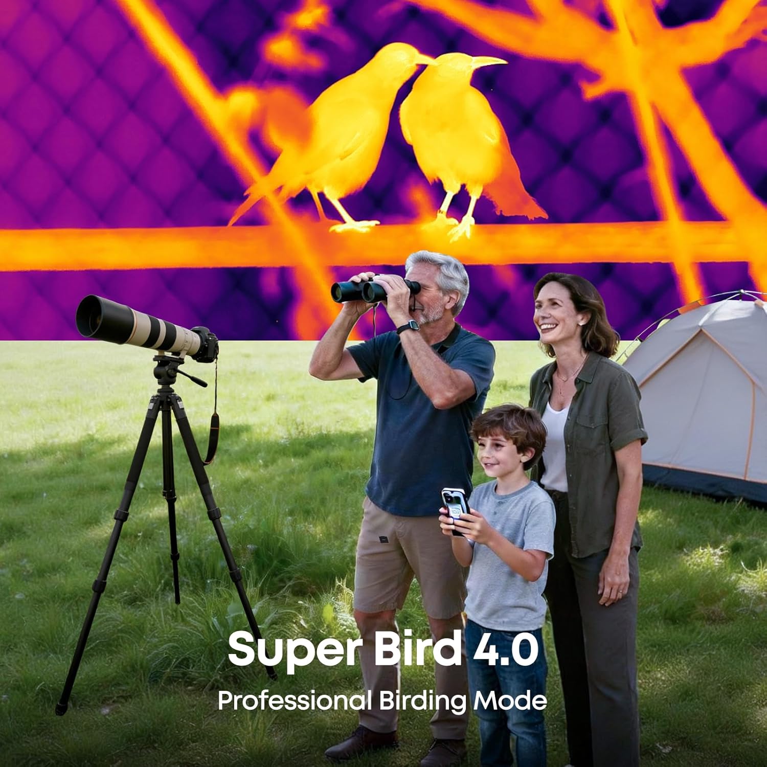 A family observing wildlife with the T2 Max thermal camera, illustrating the Super Bird 4.0 Professional Birding Mode.