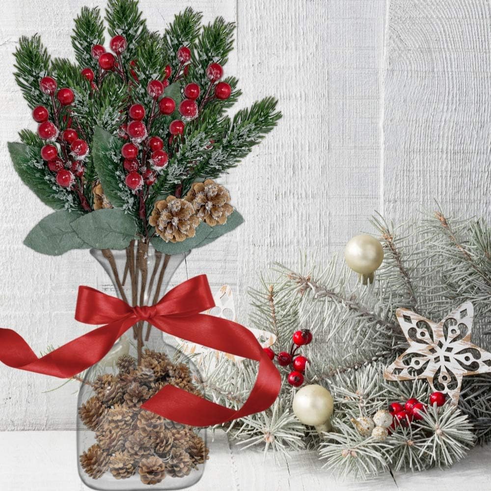 BANBERRY DESIGNS Christmas Floral Picks - 20 Pieces - Snow Flocked Red Holly Berry Pinecone Floral Sprays - Holiday Decorations - Seasonal Crafting - Measures 11" L