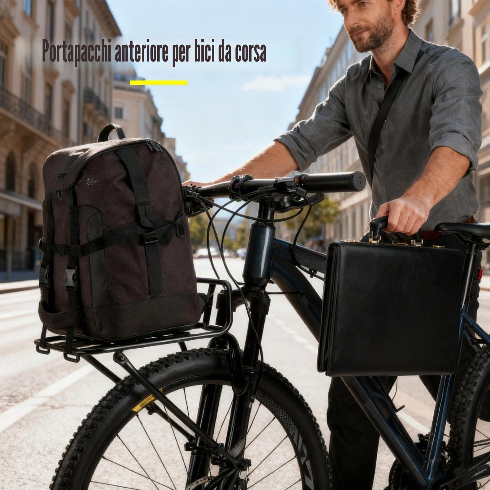 Portapacchi anteriore in alluminio per bicicletta, supporto per ciclismo su strada, leggero con cinghie, programma di stoccaggio per parcheggio interno, spiaggia, pendolarismo, da appendere