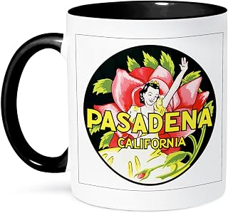 3dRose Pasadena California Woman in Front of Red Flower Luggage Label 11oz Two-Tone Black Mug