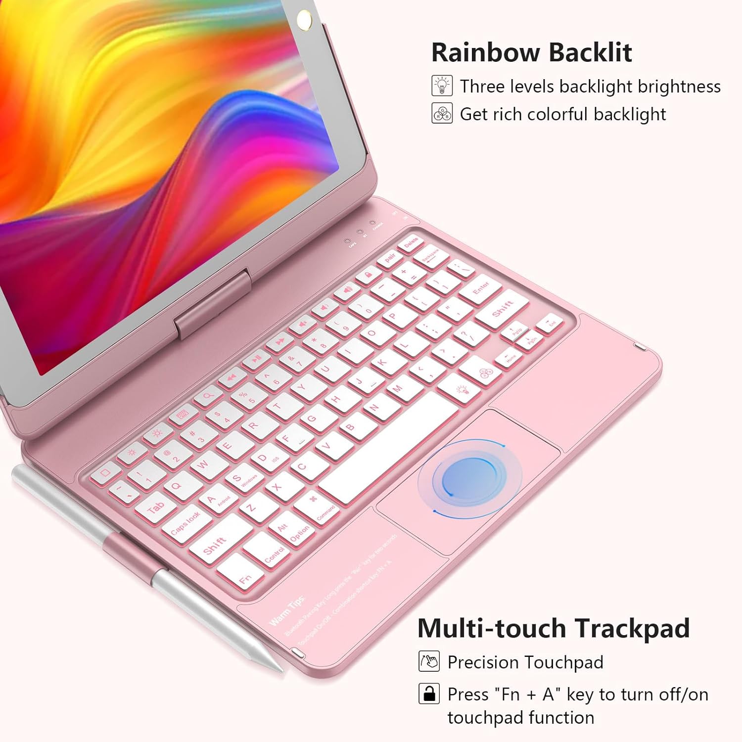 KBCASE Touchpad Keyboard Case for iPad 9th/8th/7th 10.2 inch, Backlit Trackpad Keyboard, 360°Rotatable Case with Keyboard for iPad 9th/8th/7th Gen, with Pencil Holder (Rose Gold) - Image 4