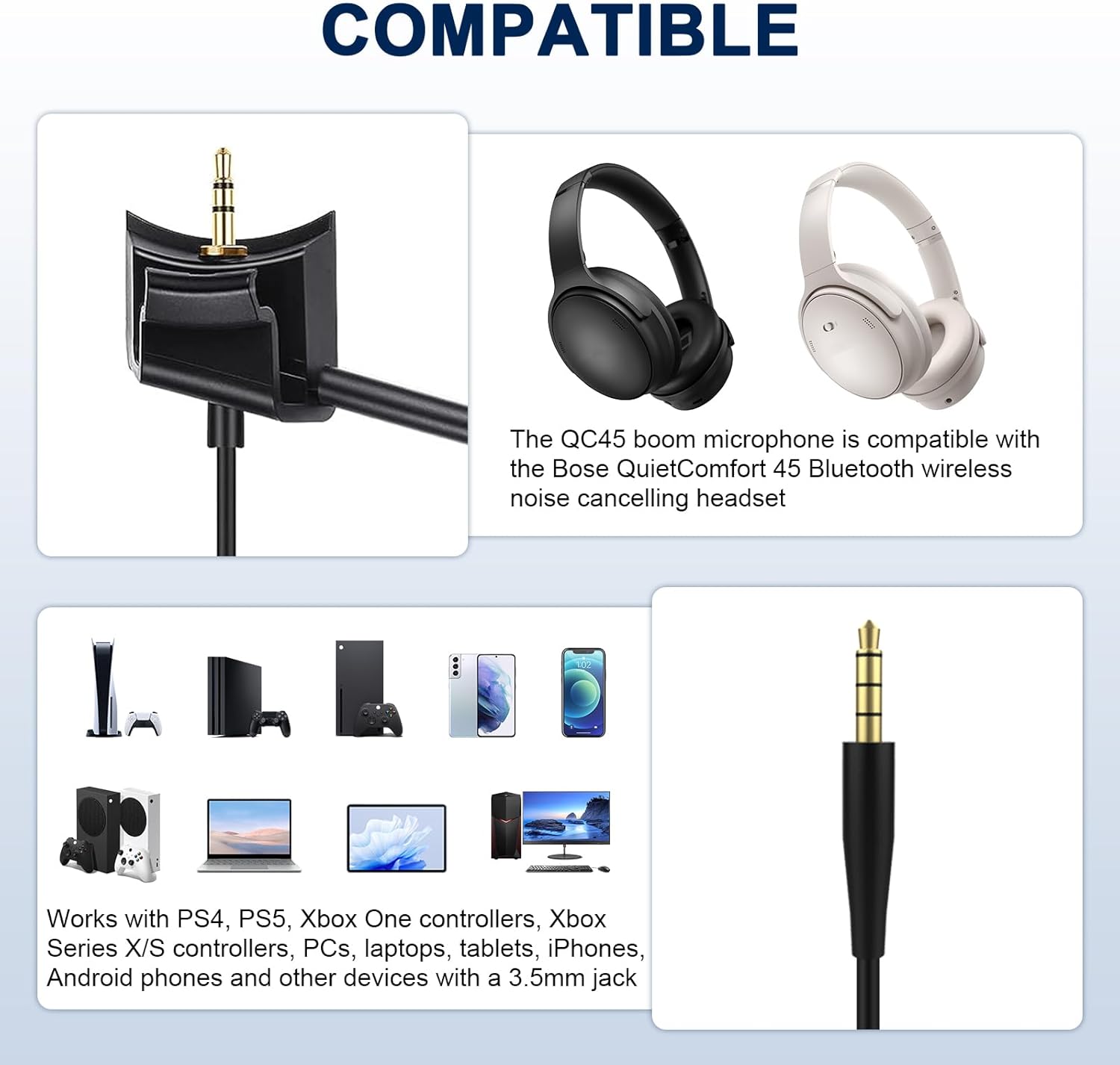 QC45 Microphone Compatible with Bose QC45 Wireless Noise Cancelling Headphones, Boom Gaming Microphone Cable with Mute Switch for PS4, PS5, PC, Xbox One Controller (QC45 Boom Mic, 3.5mm Y-Splitter)