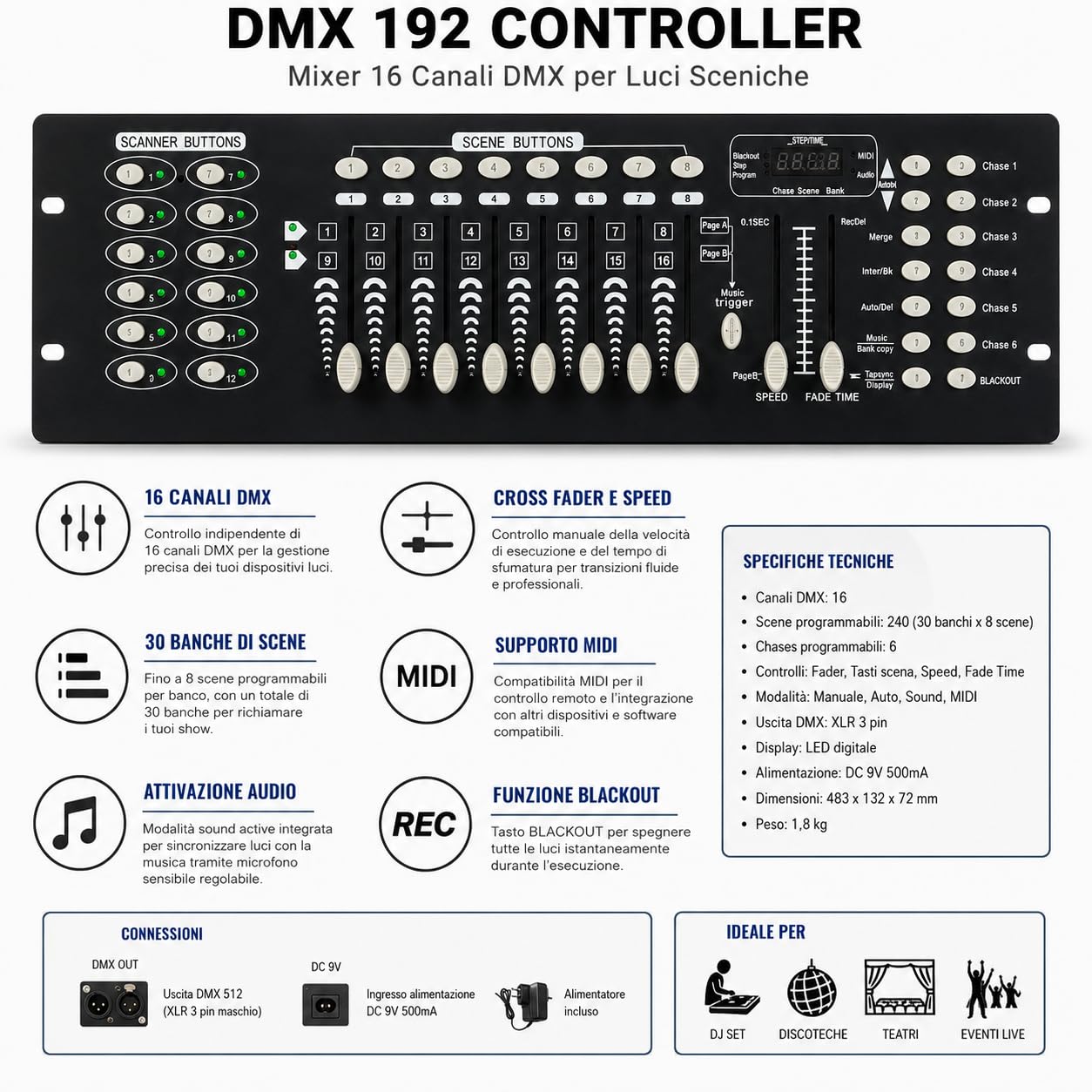 Centralina Dmx Mixer controller luci disco effetti dj 192 canali dmx