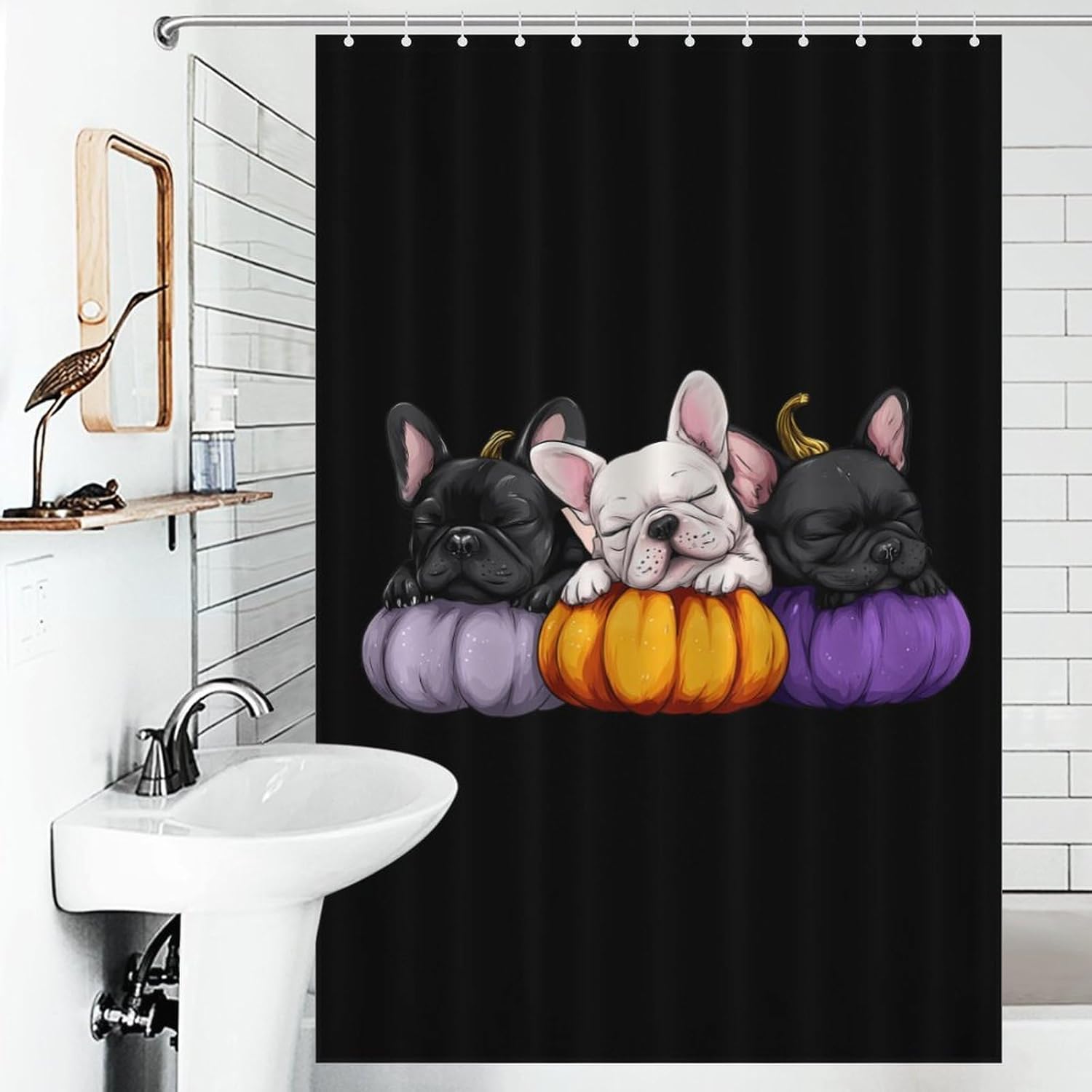 French Bulldog Pumpkin Shower Curtain 46.85x70.87Inch（119x180cm） Polyester Bath Curtain Shower Curtains Printed Decorative