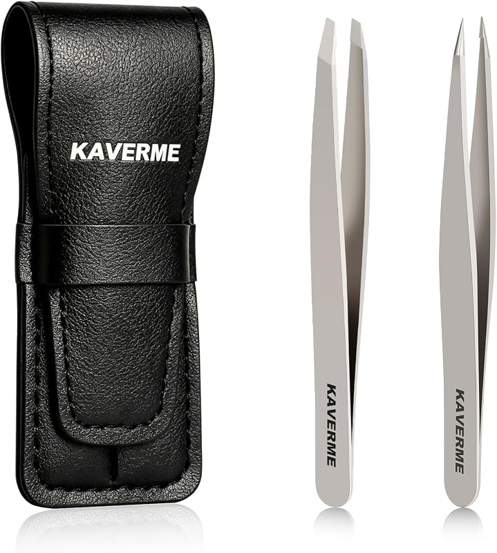 Kit com 2 pinças Kaverme para sobrancelhas, pontas chanfrada e fina, prata