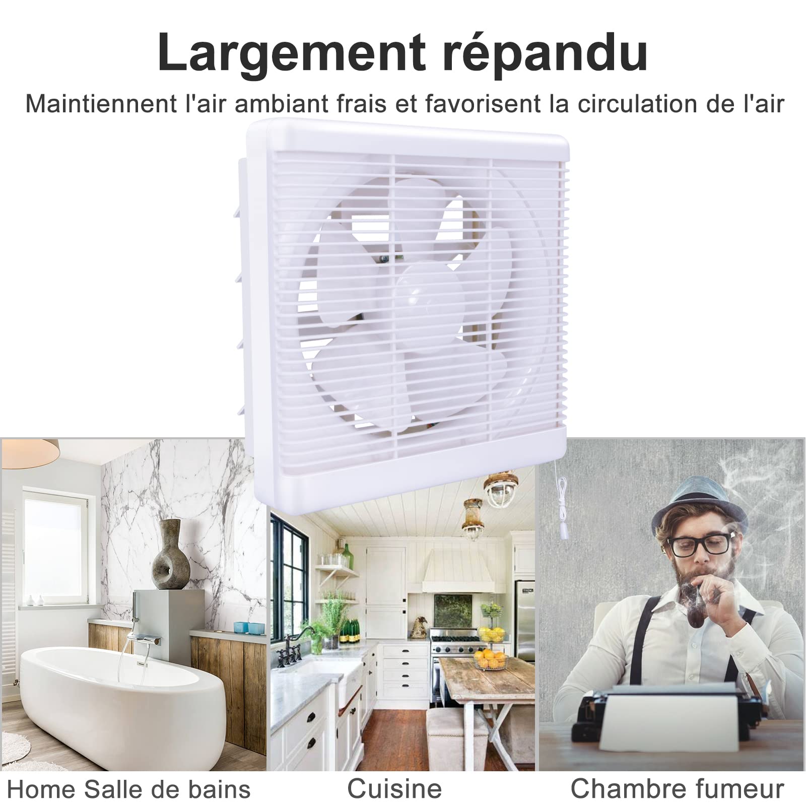 HUGOOME Taille ouverte 200*200mm Extracteur d'air, Ventilateur d'extraction 300m³/h 25W, Ventilateur mural réversible dans Deux Sens, pour salle de bain Cuisine grenier fenêtre Garage (Pas de prise)