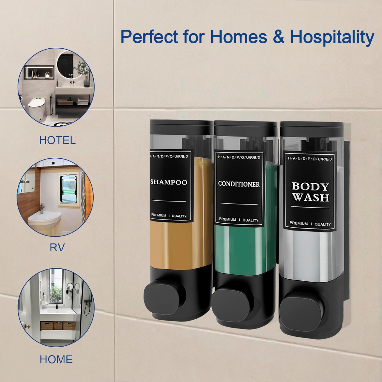 3-Chamber Wall Mount Shower Dispenser, No-Drill or Drill Install for Shampoo, Conditioner, Body Wash, Refillable Soap Dispenser for Home, RV & Hotel, Eco-Friendly & Space-Saving (Matte Black)