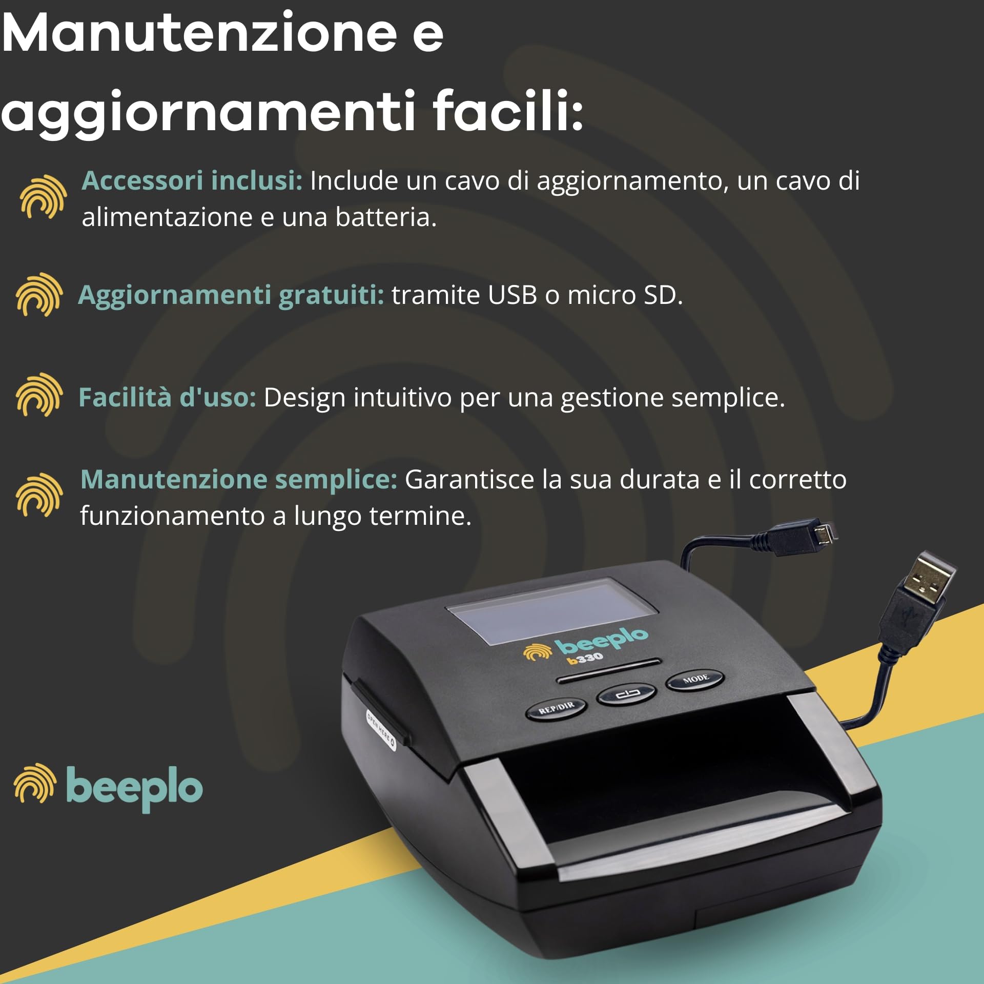 b330 Rivelatore di Banconote False | Detezione 100% Affidabile, Verifica Automatica 5 Valute EUR GBP CHF NOK SEK, Con Batteria + Cavo Aggiornamento