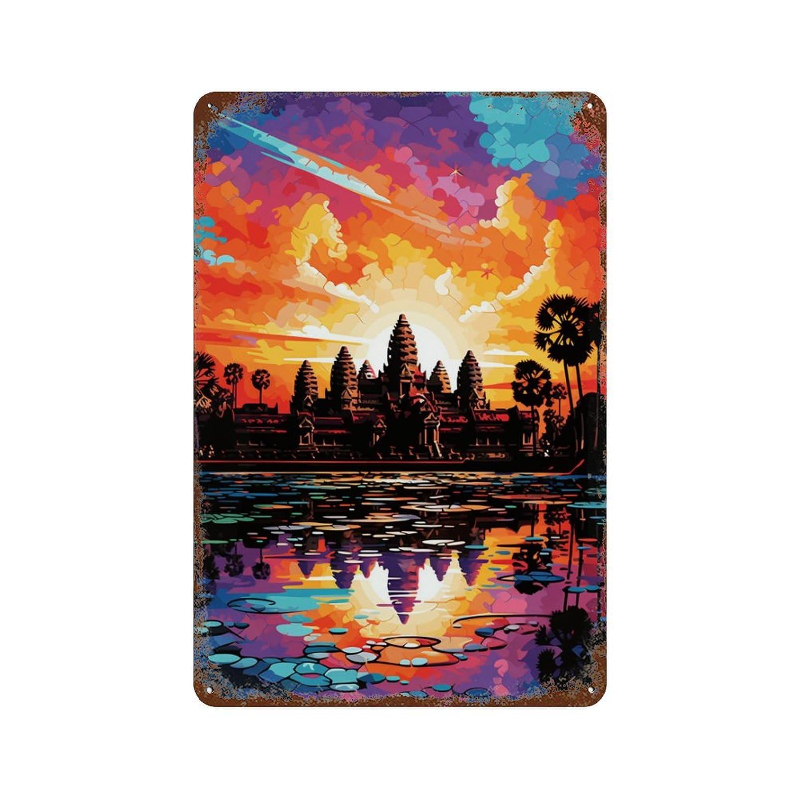 Colorful Sunset at Angkor Wat Aged Metal Wall Plaque 11.8"x7.9", for Garage, Bar And Workshop Decor, Farmhouse Wall Decor