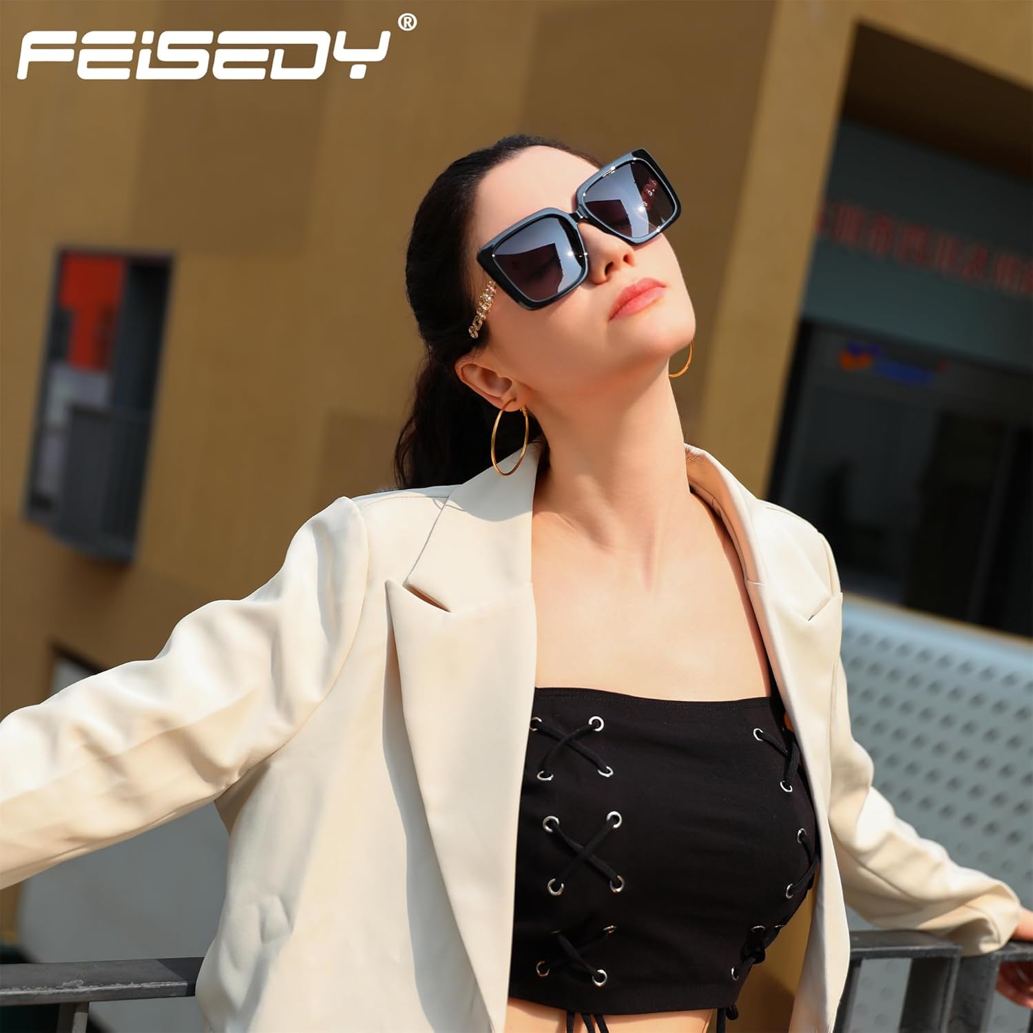 FEISEDY Trendy Polarized Cateye Sunglasses Womens Vintage Oversized Square Sunglasses UV400 Protection B0003 - Image 3