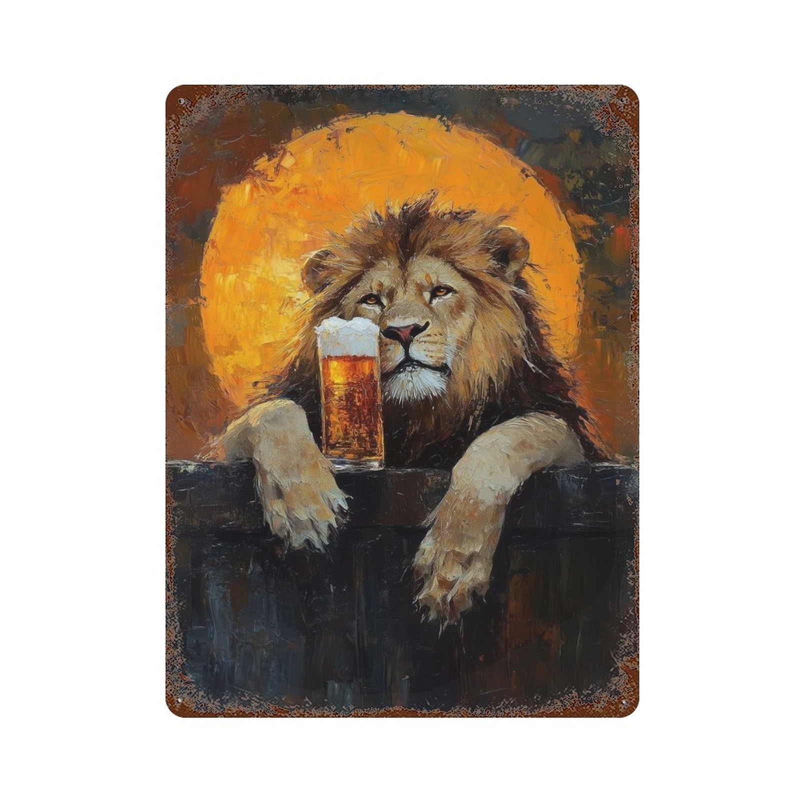 Garage Style Lion with Beer Rust Effect Tin Sign 15.7"x11.8", Classic Wall Plaque for Bar And Workshop