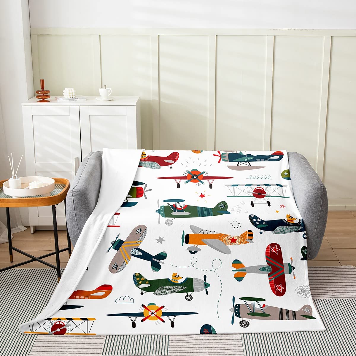 Tizhweqo Vliegtuig fleece deken, 3D-print zachte cartoon vliegtuig plaid deken, pluizige dekens voor bedden, bank en bank, voor kinderen en volwassenen, 150 x 200 cm Y1512