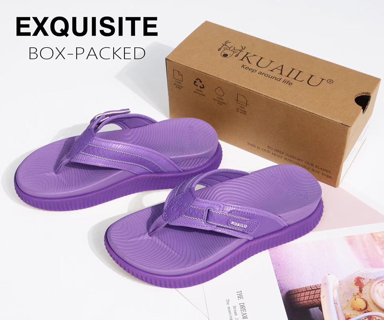 KuaiLu Womens Orthotic Cushion Flip Flops Sport Recovery Walking Sandals for Women with Comfortable Arch Support - Adjustable Flatform Slip On Indoor Outdoor For Summer Casual - Image 2