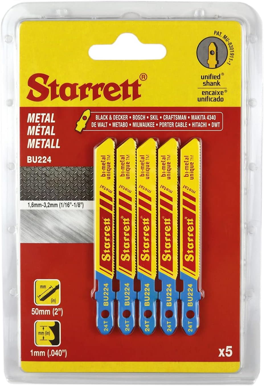 Starrett Metal Cutting Jig Saw Blades 5 Pack BU224 Unified Shank Bi