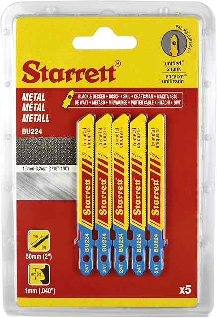 Starrett Metal Cutting Jig Saw Blades - 5 Pack BU224 Unified Shank Bi-Metal Unique Saw Blade Set - For Thin Metal Cuts - Compatible With Bosch Dewalt Hitachi Festool Milwaukee