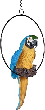 Design Toscano Polly in Paradise Parrot Hanging Bird Ring Perch Indoor/Outdoor Statue, Medium 14 Inch Tall, Cast Stone Resin, Blue Yellow Finish