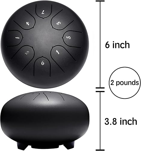Miniatura 6 de Lronbird Tambor de lengua de acero de aleación de 6 pulgadas, 8 notas con palitos de bolsa, libro de música, instrumentos de curación de sonido para