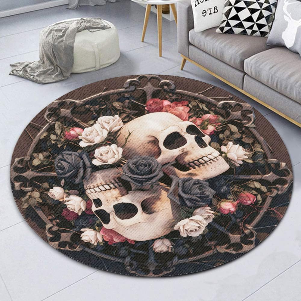 Personalized Halloween Skeleton Flowers Round Rugs, Halloween Skull Carpet Mat Dirt Resistant Soft Soothsayer Horror Flowers Skull Carpet, Gothic Décor, Skull -7