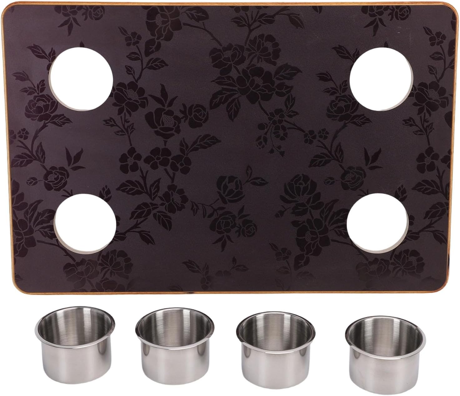 RV Table Top Solid Wood with 4 Stainless Steel Cup Holders, Floral Pattern, Ideal for Dining and Office Use