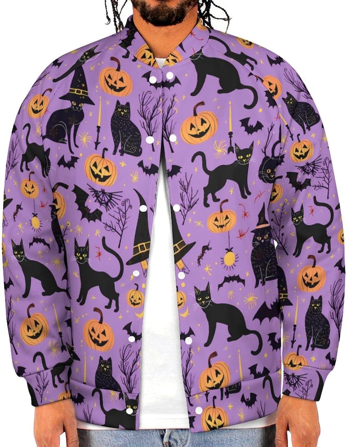Halloween Black Cat Pumpkin Novelty Men's Baseball Jackets Causal Sweatshirt Button Top Long Sleeve Coat