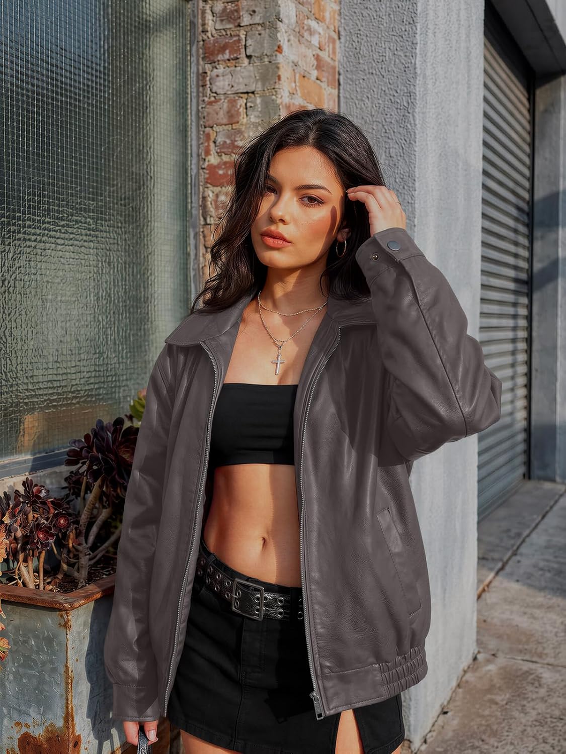  Women's Oversized Faux Leather Jacket for Fall and Winter | Boyfriend Biker Moto Coat, Medium weight Fall Bomber Jackets, Winter Outerwear thumbnail