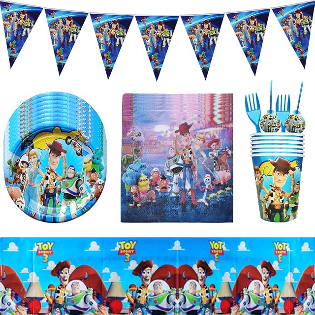 USCW Toy Story Party Supplies, Toy Story Party Tableware Birthday Party Supplies Decor Set Plates Paper Cups Napkins Straws Table Cloth for Children's Birthday Party, Party Decor, Baby Shower