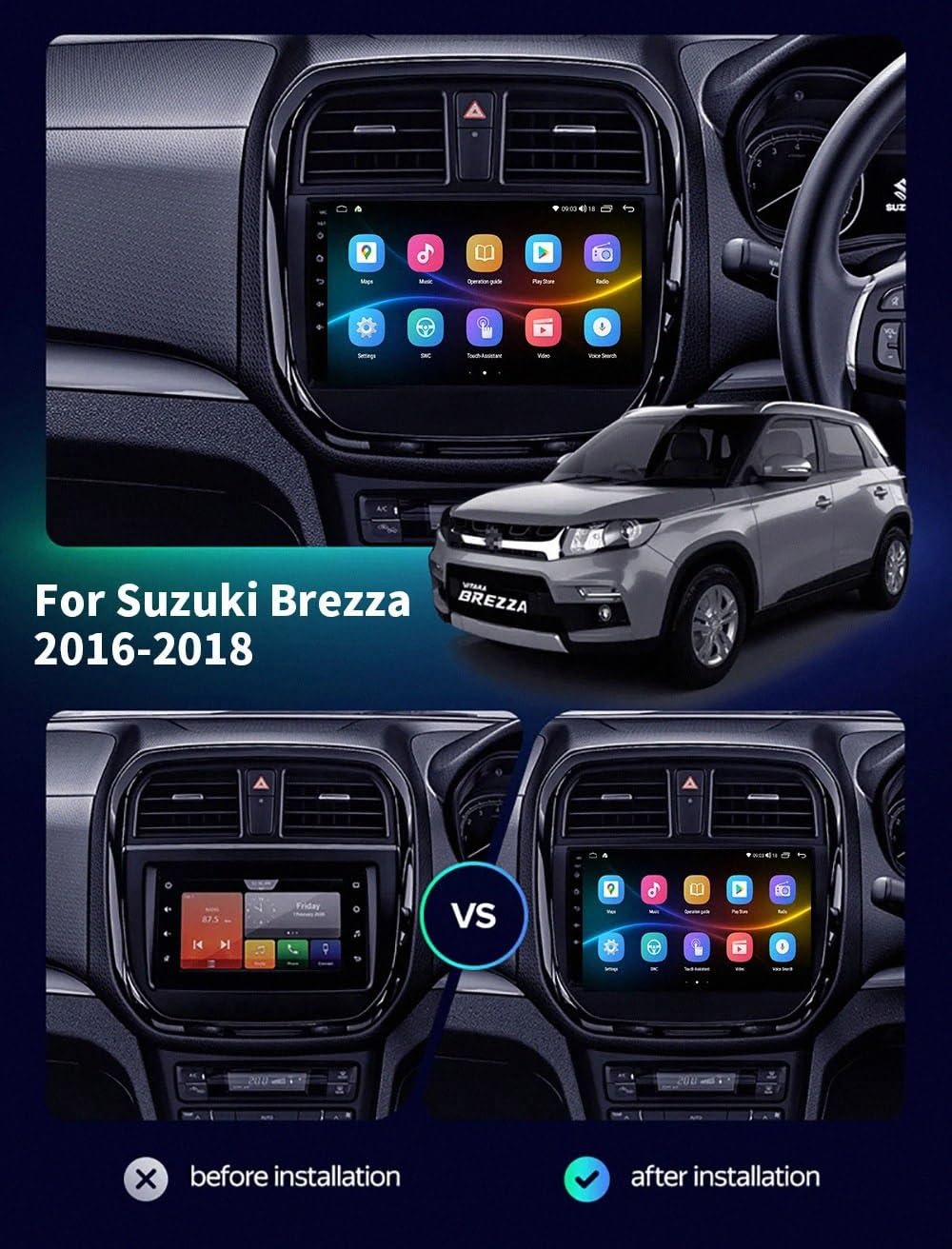 Car Stereo Carplay Radio de Coche para Suzuki Vitara Brezza 2016-2018 Soporta Bluetooth, Control Volante, USB, WiFi, 4G, Mirror-Link, GPS Navegador/Radio FM, 4 Nuclear 1G+32G