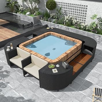 KAFELE Four-Sided Outdoor Rattan Modular Sofa Set, Wooden Seat and Storage Space, Designed for Portable Spa,Beige
