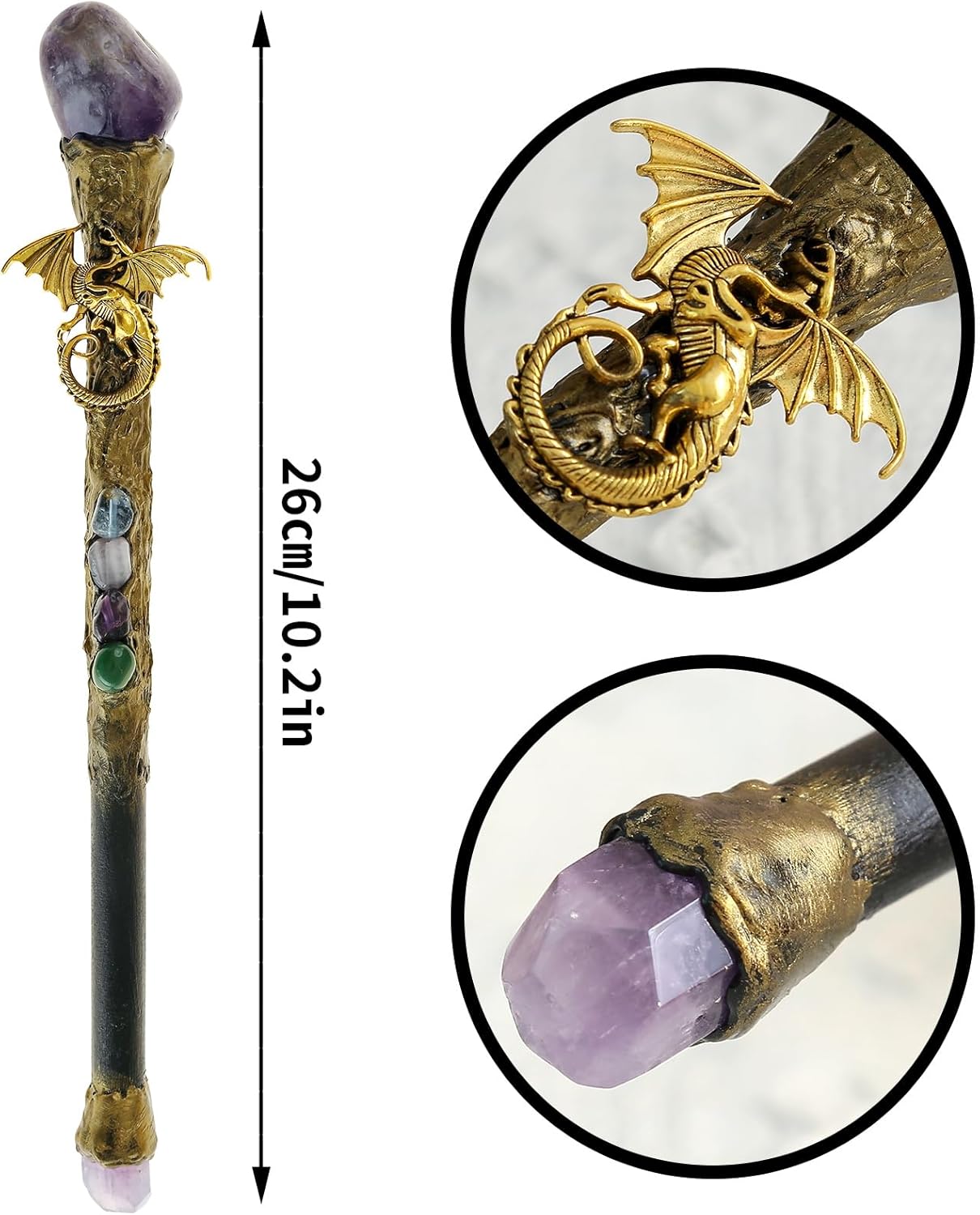 9 Inch Wooden Wand with Real Amethyst and Dragon Accent, Lightweight 60g Mystic Wand