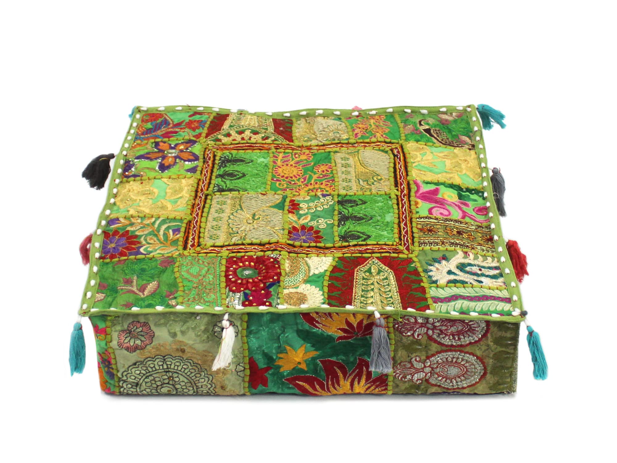 CRAFT KALA Indian Square Patchwork Traditional Pouf Cover Indian Living Room Poufs Decorative Embroidered Designer Ottoman Home Living Footstool Chair Cover Decor Pillow Cover 16x16x5 inches, Green
