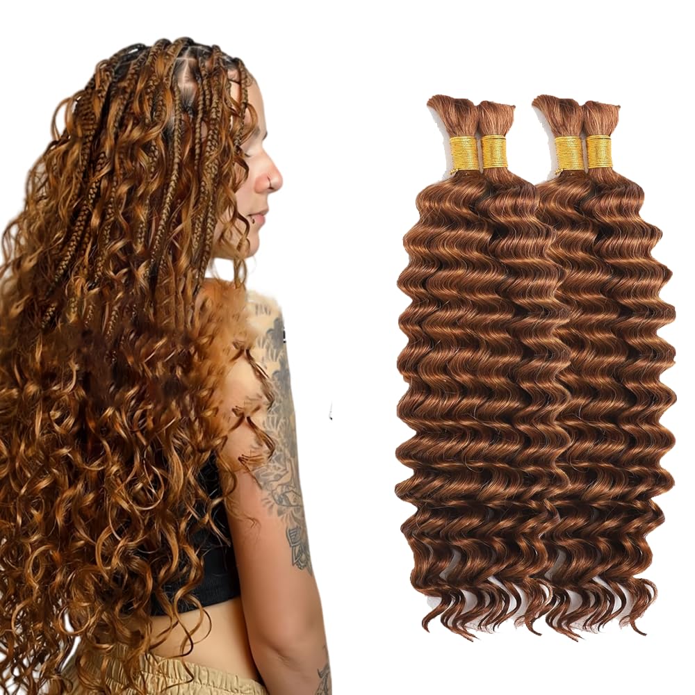 Tuheerst #30 Light Brown Color 34 34 34 34 Inch Boho Braids Human Hair Extension No Weft Knotless 50g/Bundle Total 200g Deep Wave Human Braiding Hair For Women
