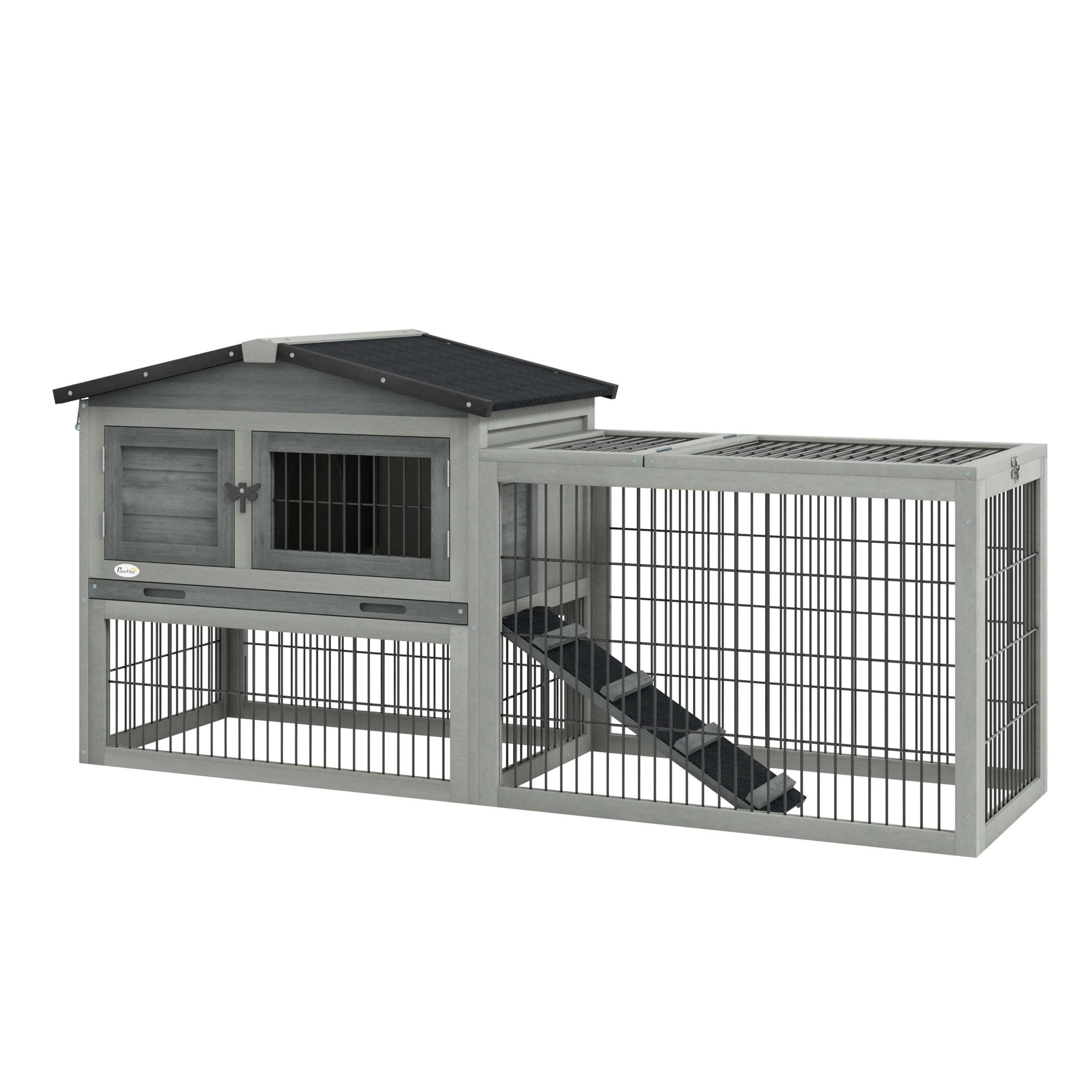 PawHut Conejera Exterior de Madera 150x52x68 cm Jaula para 1-2 Conejos Grande con Techo Asfáltico Abatible Bandeja Extraíble y Rampa Gris