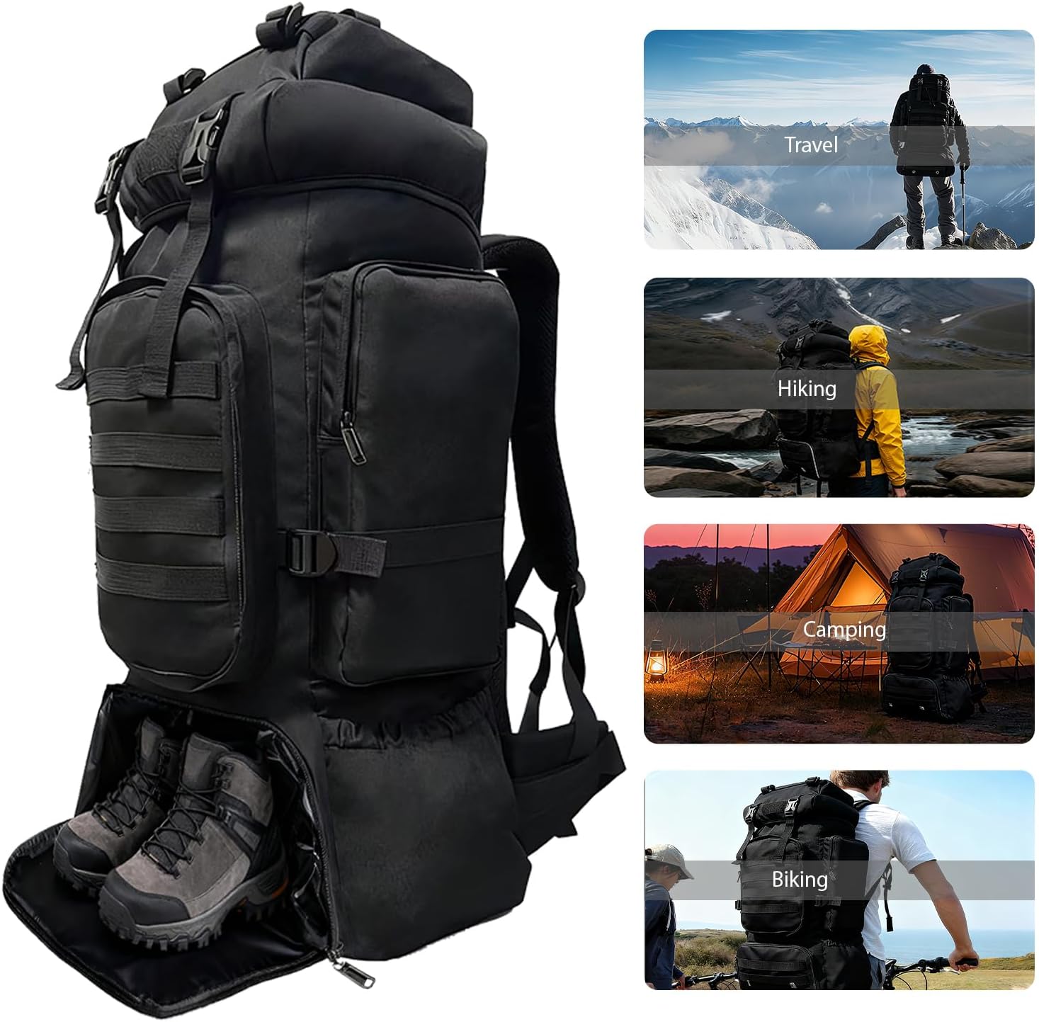 Tactical 80L Hiking Backpack with Dedicated Shoe Compartment - Large Capacity Rucksack for Camping Backpacking Men Women - Outdoor Trekking Travel Pack (Black) - Image 3