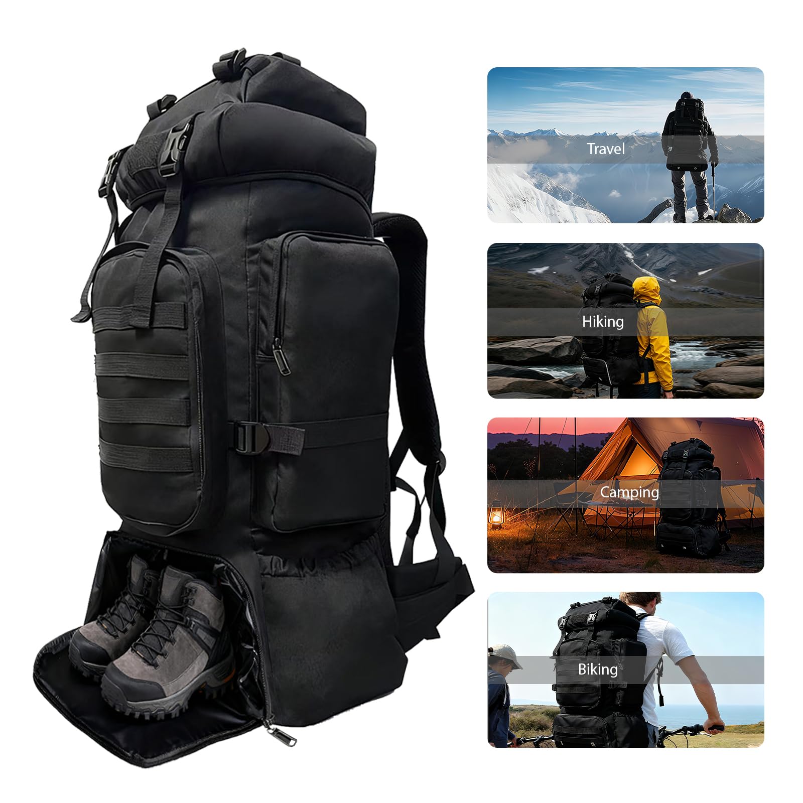 Mochila táctica de senderismo de 80 litros con compartimento dedicado para zapatos, mochila de gran capacidad para camping, mochileros, hombres y mujeres, paquete de viaje para senderismo al