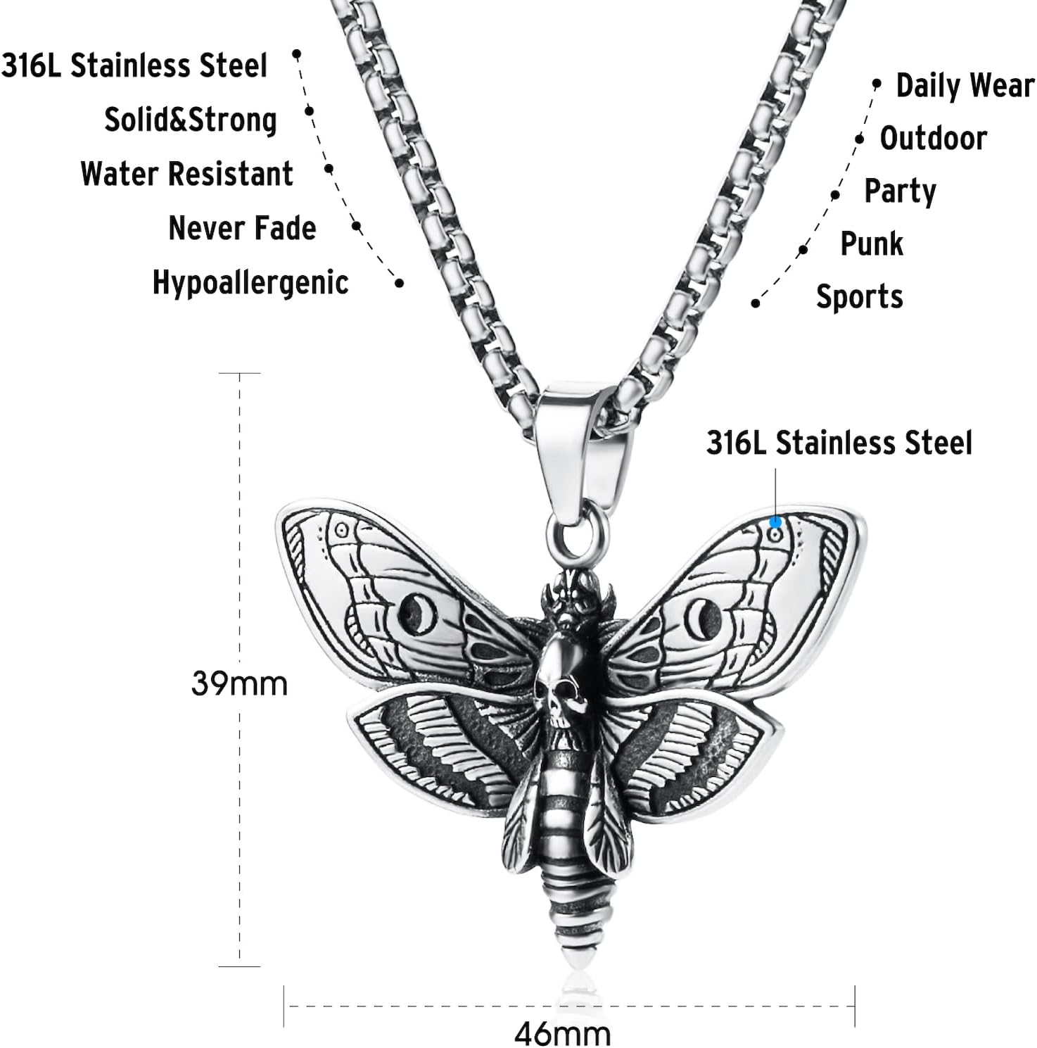 Stainless Steel Gothic Skull Pendant Necklace Punk Biker Hip-hop Jewelry for Men Women 60cm - Image 3