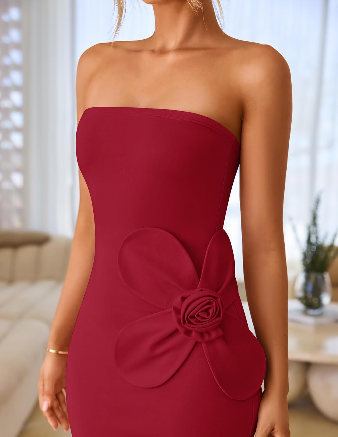 ZESICA Women's Summer Strapless Bodycon Maxi Dress 2026 Ribbed Knit Backless Floral Tube Cocktail Party Long Dresses - Image 3