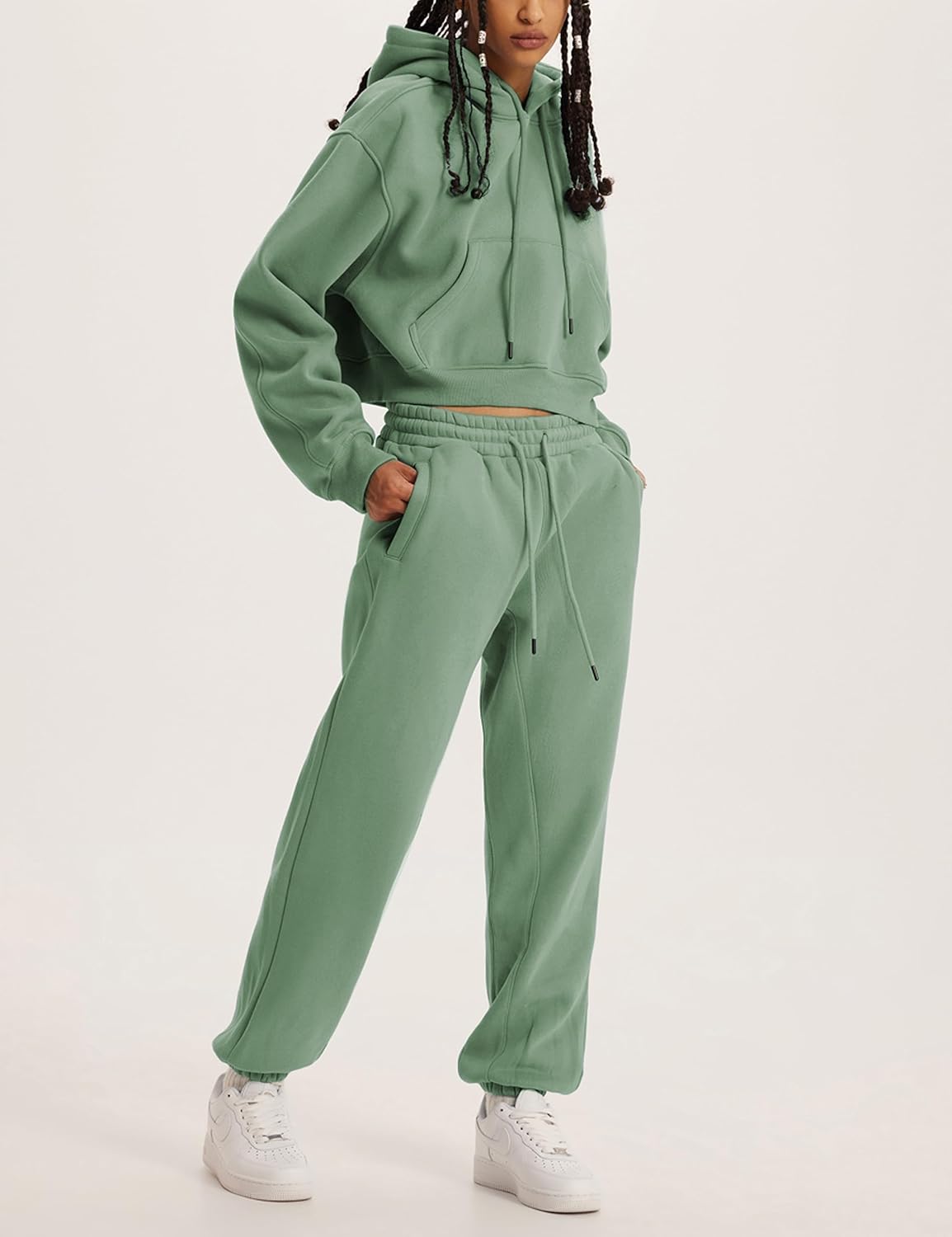 Tanming Women 2 Piece Outfits Sweatsuits Crop Pullover Fleece Sweatshirt Jogger Pants Lounge Set - Image 7