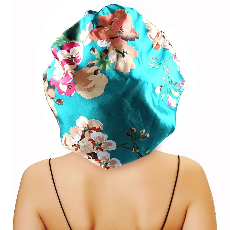 Touca de cetim redonda grande sent hair com camada dupla, faixa elástica e estampa floral verde