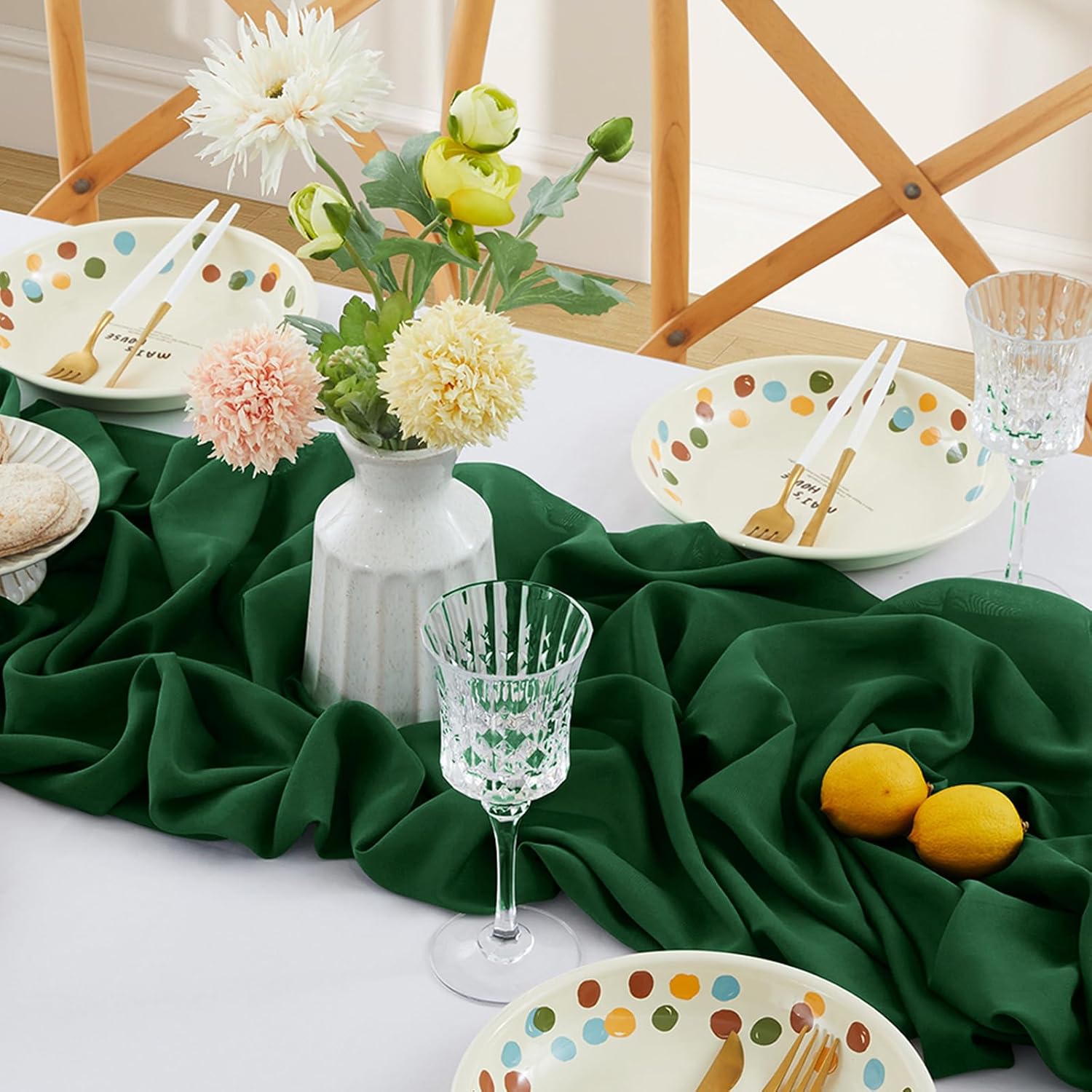 Horbaunal 12 Pack Dark Green Chiffon Table Runners 10FT Sheer Chiffon Runner 29x120 Inches Romantic Boho Rustic Table Runner for Wedding Party Bridal Baby Shower Table Decorations