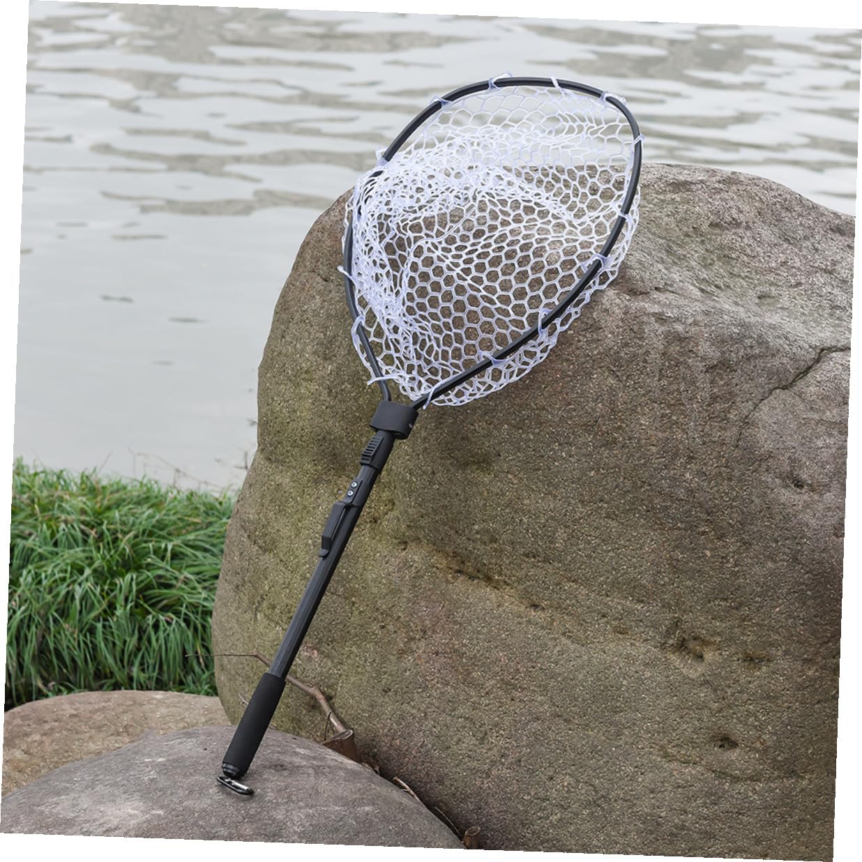 Red de Pesca Manual Plegable de Aleación de Aluminio Negro | Malla de Goma, Diseño Ligero de Plegado Rápido, para Pesca en Embalses y Ríos