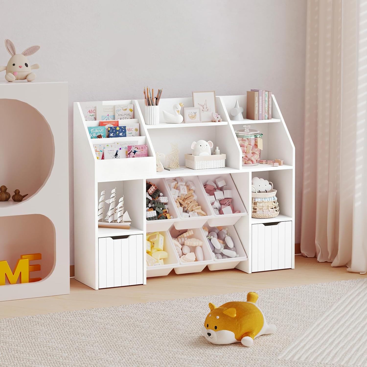 Kids Bookshelf and Toy Storage Organizer with 2 Movable Drawers, 6 Toy Bins & Open Display Shelves, 4-in-1 Kids Bookcase Storage Cabinet for Playroom, Nursery, Bedroom, Living Room, White