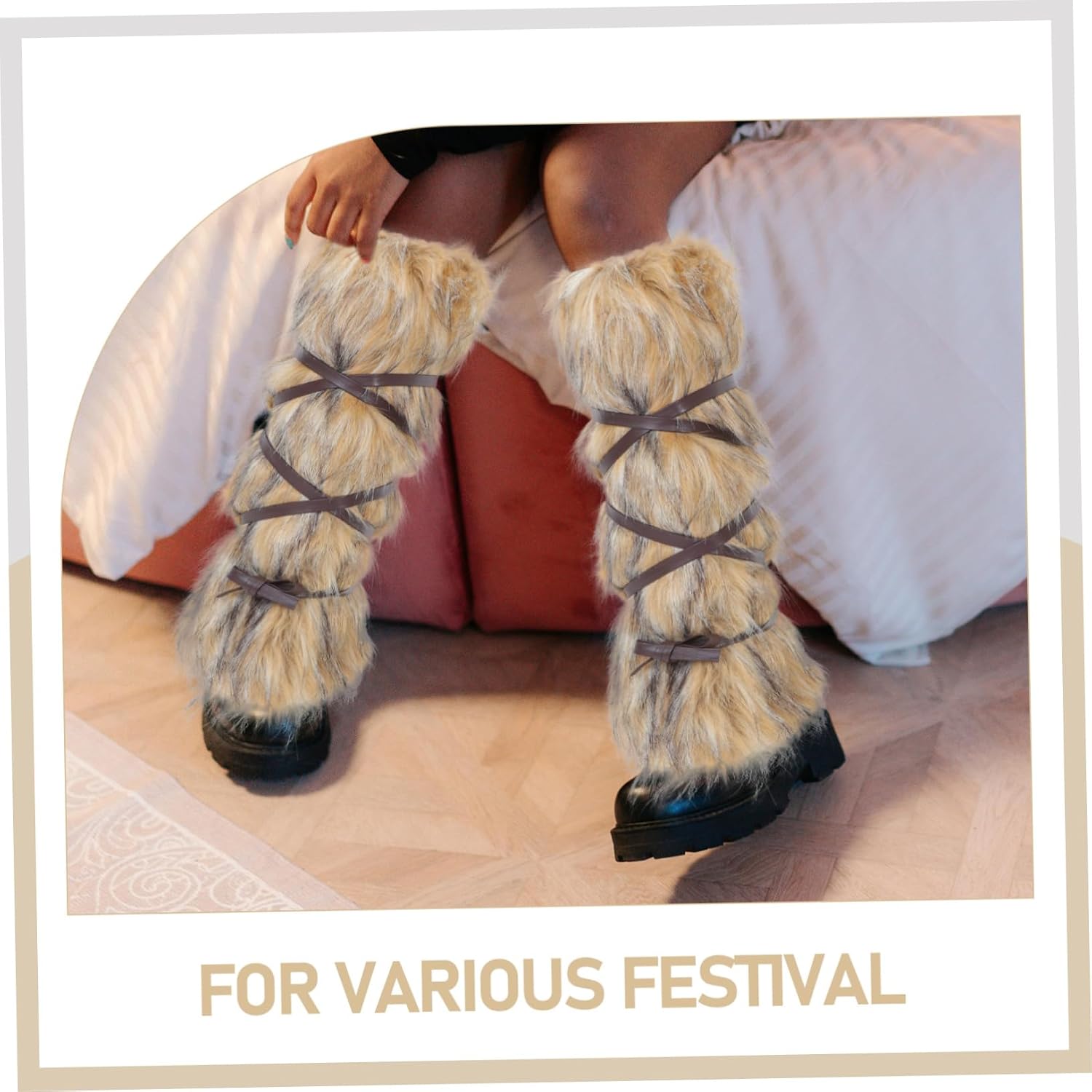 ABOOFAN 1Pair Viking Faux Fur Leg Warmers with Straps Cozy Boot Cuff Toppers for Women and Men for Festivals and Role Play Costumes Vintage Aesthetic for Parties