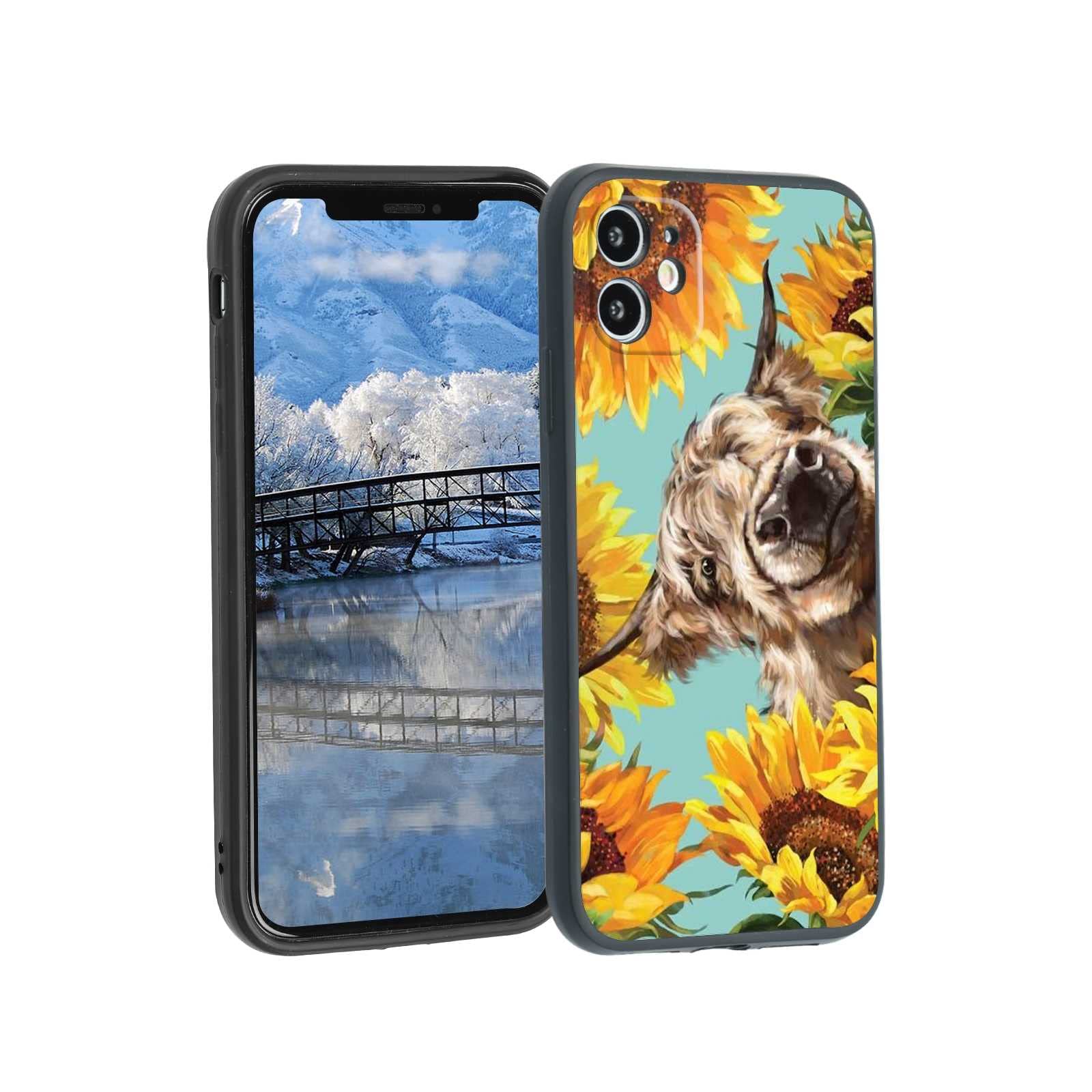 Compatible with iPhone 11 Western Case, Western Highland Cow with Golden Sunflower Country Graphic for iPhone Case Women Girls, Shockproof Stylish Soft Silicone Case for iPhone
