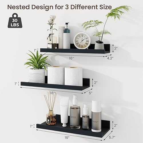 Miniatura 3 de Axeman Estante de repisa para cuadros Juego de 3 estantes flotantes negros de 16 pulgadas Estantes de pared de madera rústica con borde Estante