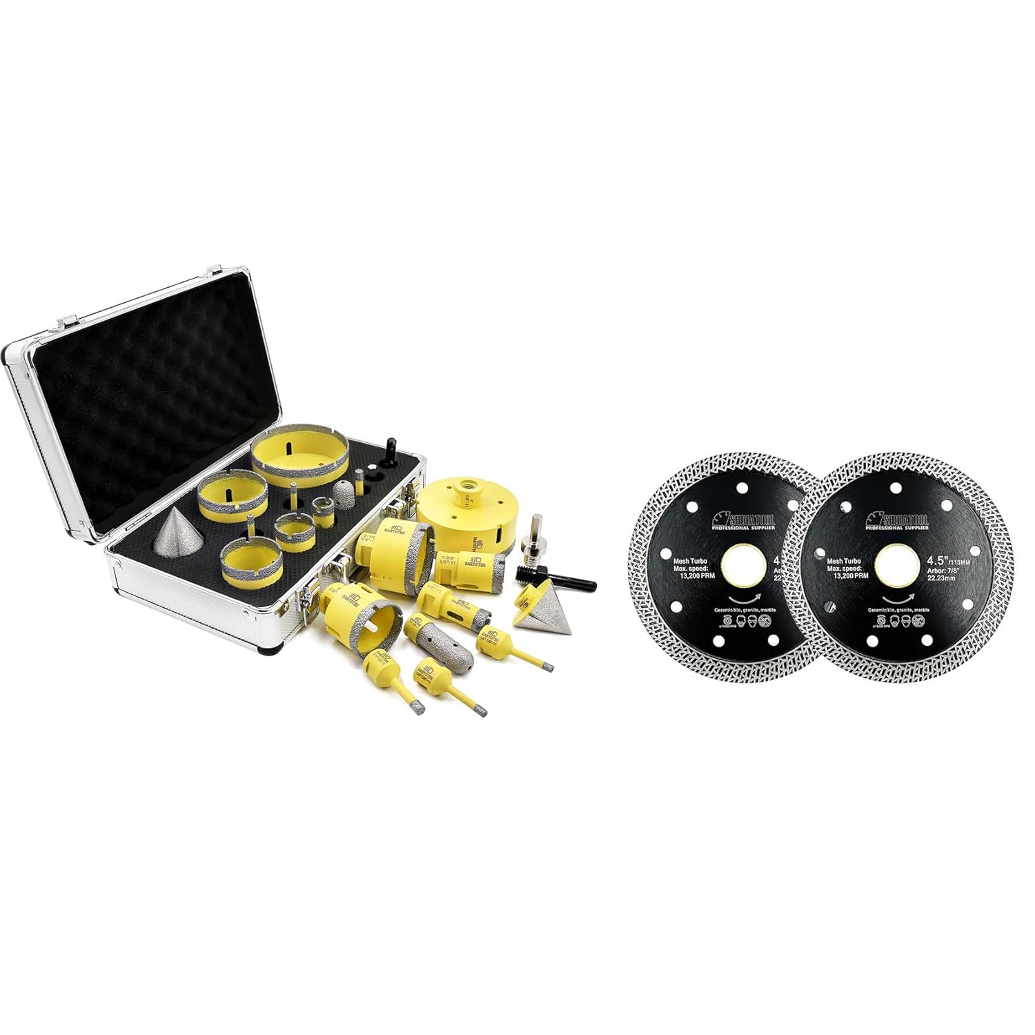 Diamond Core Drill Bits Set 10PCS - DARTOTEK Tile Hole Saw Kit and SHDIATOOL 4-1/2 Inch Porcelain Diamond Mesh Turbo Saw Blade Cutting Granite Marble Ceramic Tile Brick
